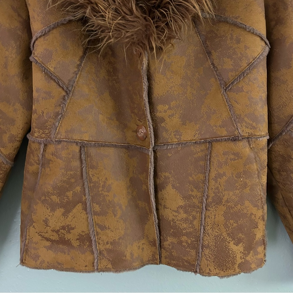 Kaity Brown Faux Fur Collar Vegan Leather Patchwork Coat Sz L Penny Lane Jacket - Picture 3 of 11
